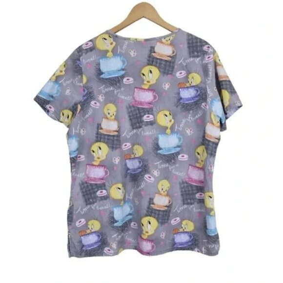 Looney Tunes Tweedy Bird Scrub Top Time For Tea Teacup Gray Large - Picture 5 of 10